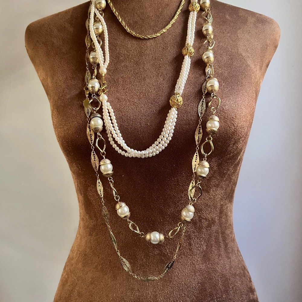Vintage Multi Strand Faux Pearl Gold Tone Layered Necklace 18-40in Set of 4